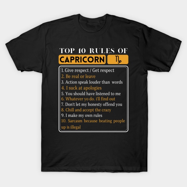 Top 10 Rules Of Capricorn, Capricorn Facts Traits T-Shirt by JustBeSatisfied